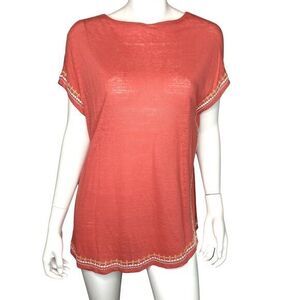 Linen Knit Embroidered Tunic Top Boat Neck Coral Color Keyhole Cut-Out Women’s L
